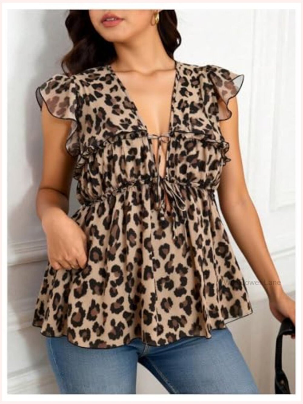 Plus Size Sleeveless Chiffon Blouse Leopard Print Ruffle Tie Front Peplum Top - Picture 3 of 5